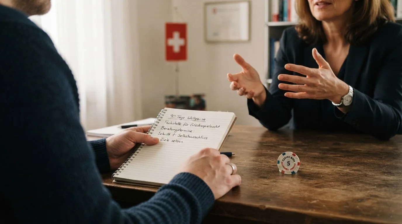 Ein Beratungsgespräch zwischen einer Fachperson und einem Spieler in einem hellen Büro