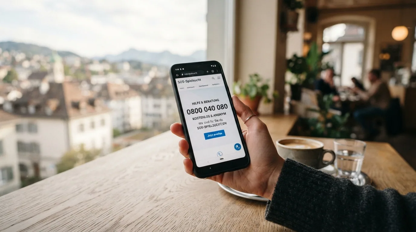 Symbolbild: helfende Hand mit Telefonhörer und der Nummer 0800 040 080, daneben das Logo von SOS-Spielsucht