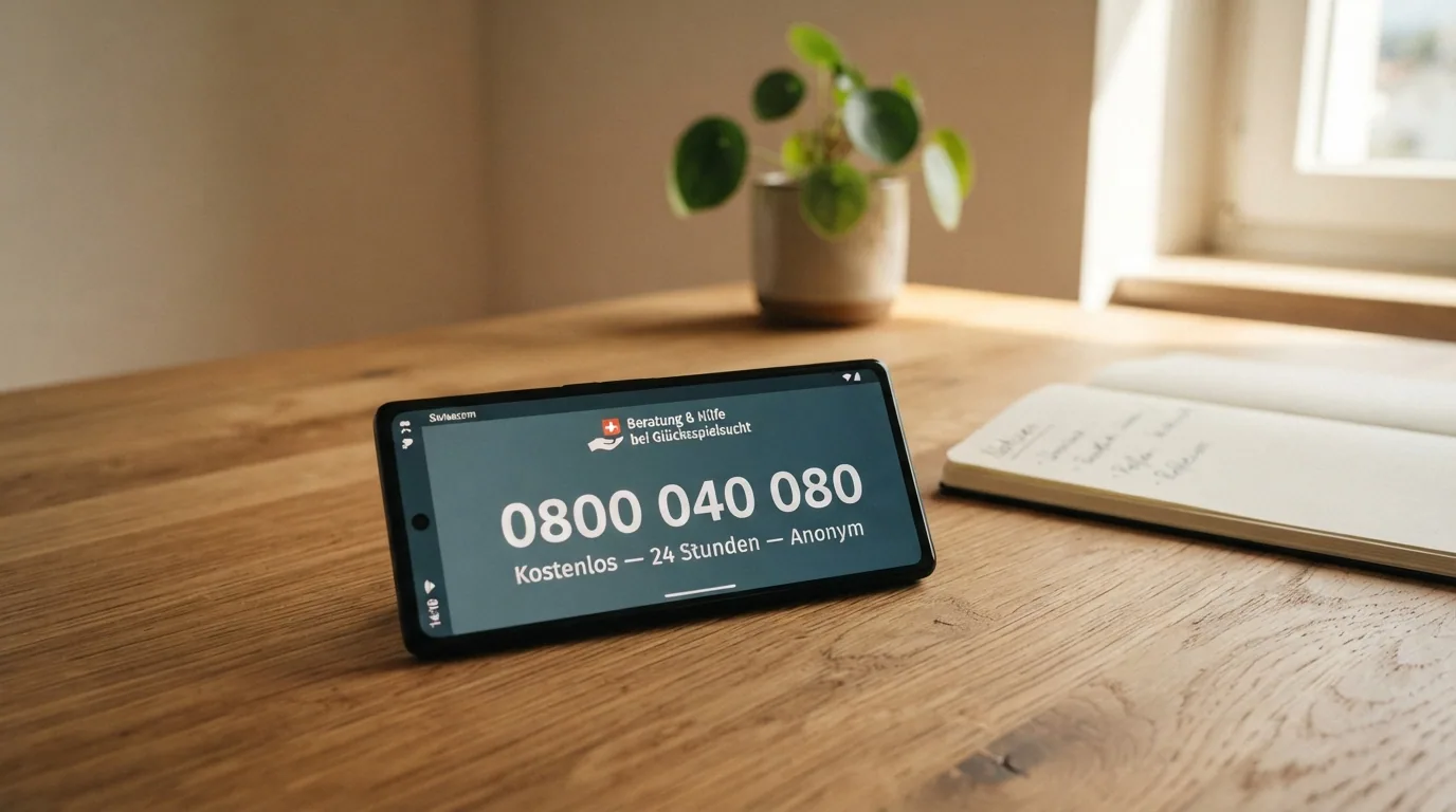 Ein Smartphone-Display mit der Nummer 0800 040 080 und dem Schriftzug «Kostenlos — 24 Stunden — Anonym» auf einem ruhigen, hellen Hintergrund