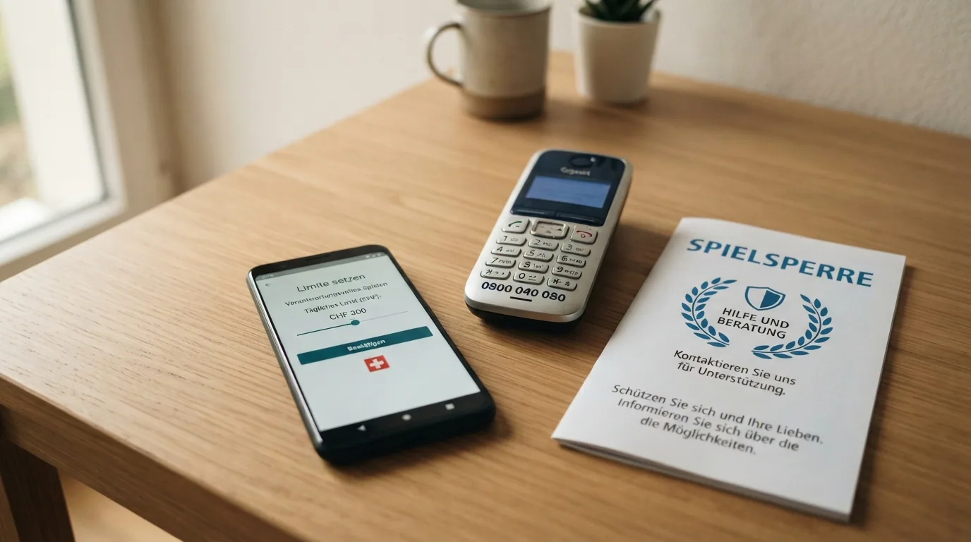 Ein Schreibtisch mit drei Elementen: ein Smartphone mit «Limite setzen»-Bildschirm, ein Telefon mit der Nummer 0800 040 080, und eine Infobroschüre «Spielsperre».