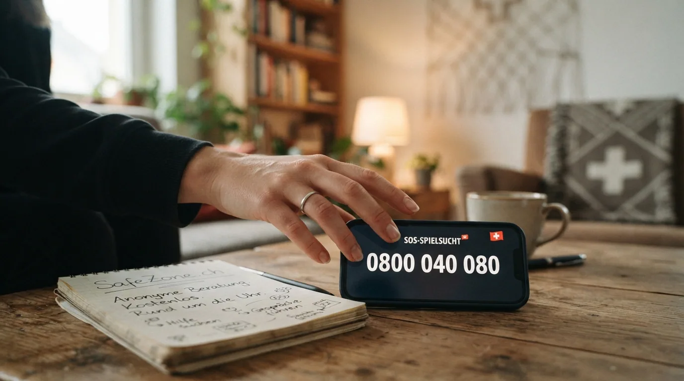 Aufgespanntes Hilfsnetz-Symbol mit SOS-Spielsucht-Logo, Helpline-Nummer 0800 040 080 und SafeZone.ch-Schriftzug