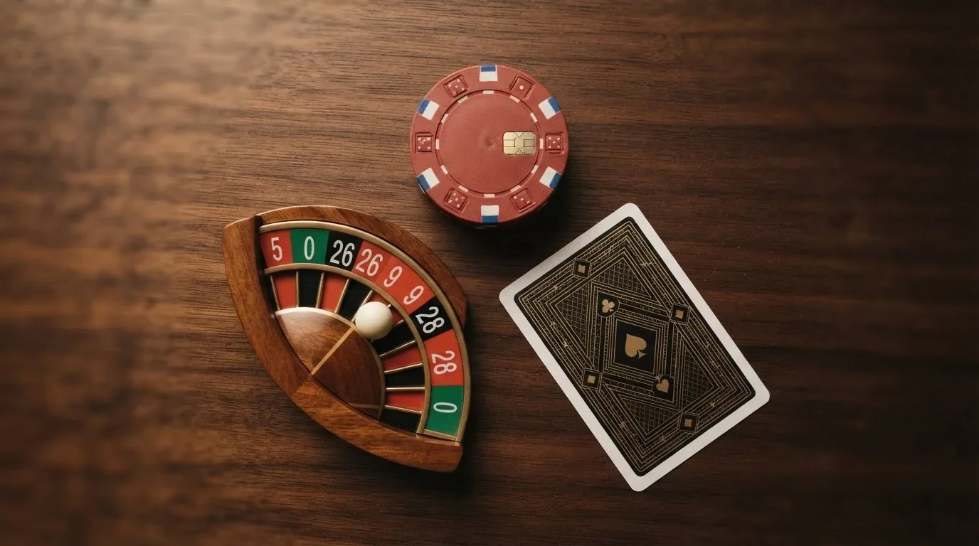 Drei Spielsymbole nebeneinander: ein Slot-Walzen-Symbol (voll leuchtend), ein Roulette-Rad (halb leuchtend), ein Blackjack-Blatt (schwach leuchtend) als visuelle Gewichtungsskala