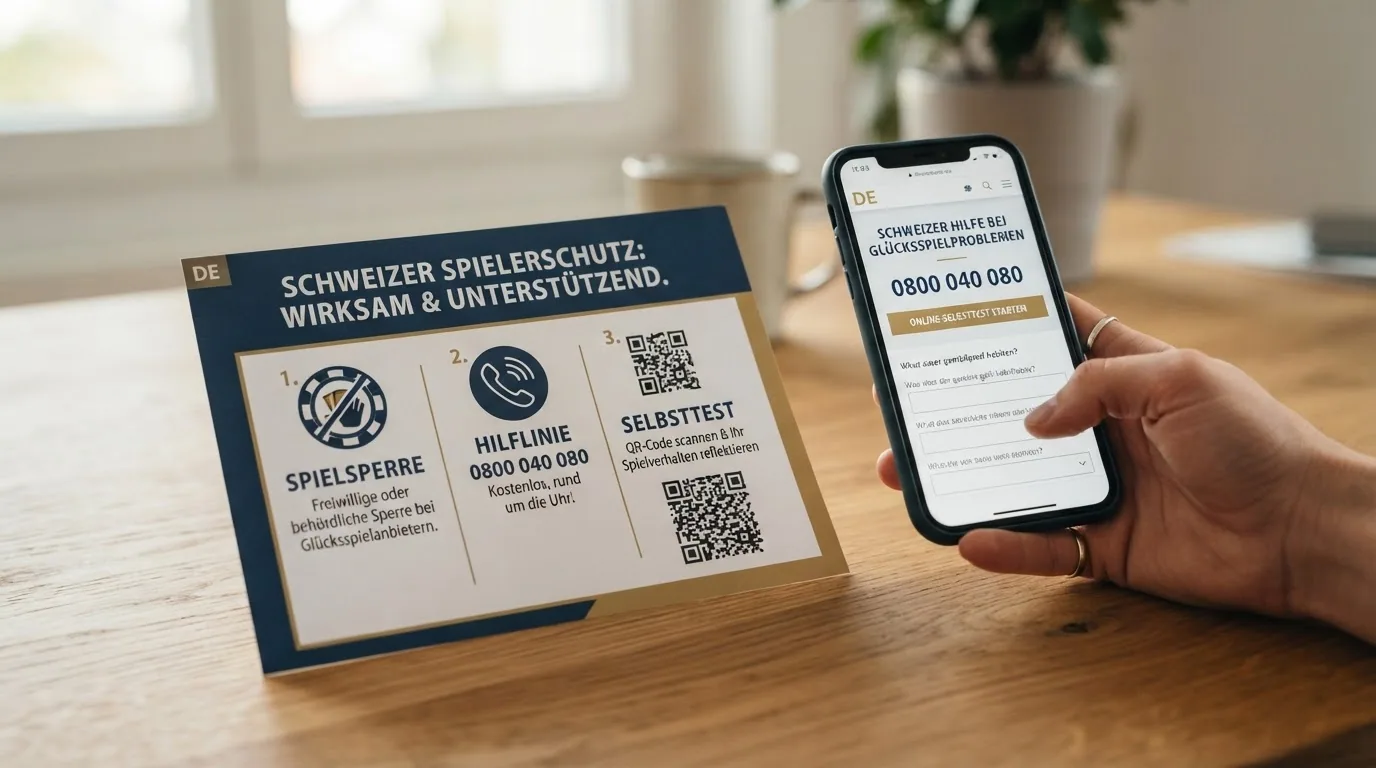 Ein ruhig gestaltetes Informationsplakat mit den drei Säulen des CH-Spielerschutzes: Spielsperre-Icon, Helpline-Nummer 0800 040 080, Selbsttest-QR-Code