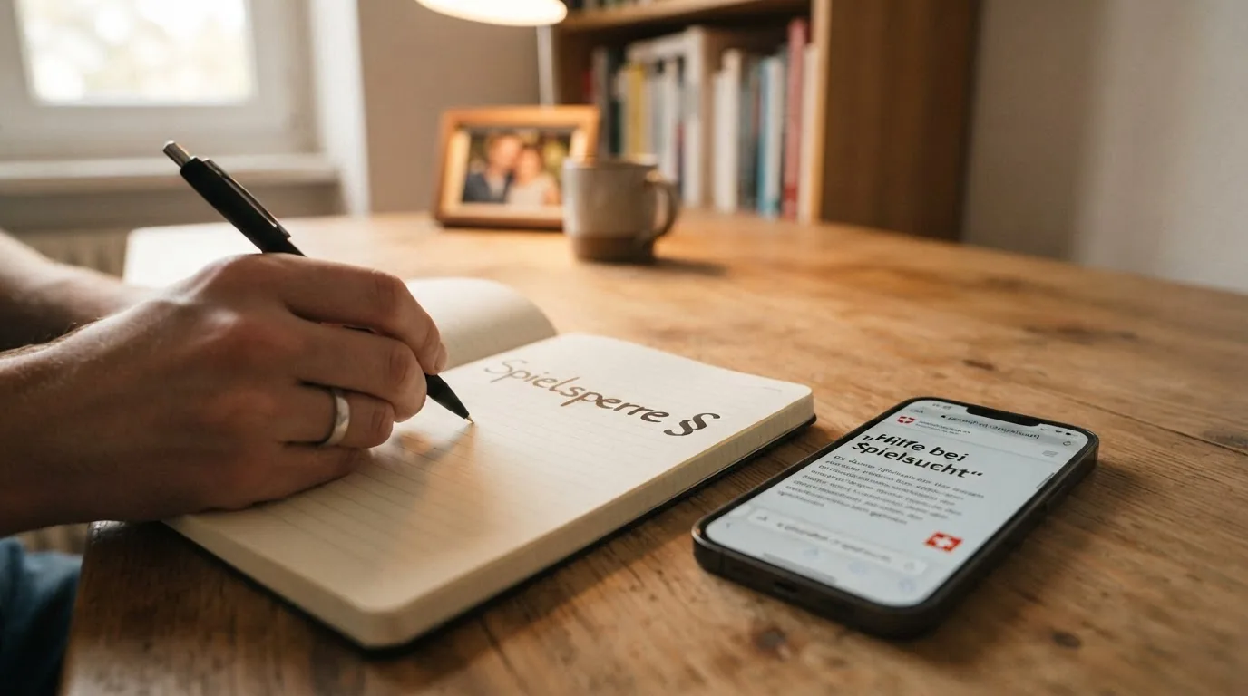 Ein aufgeschlagenes Notizbuch mit handschriftlicher Notiz «Spielsperre §» neben einem Smartphone mit geöffneter Hilfeseite zur Spielsuchtprävention