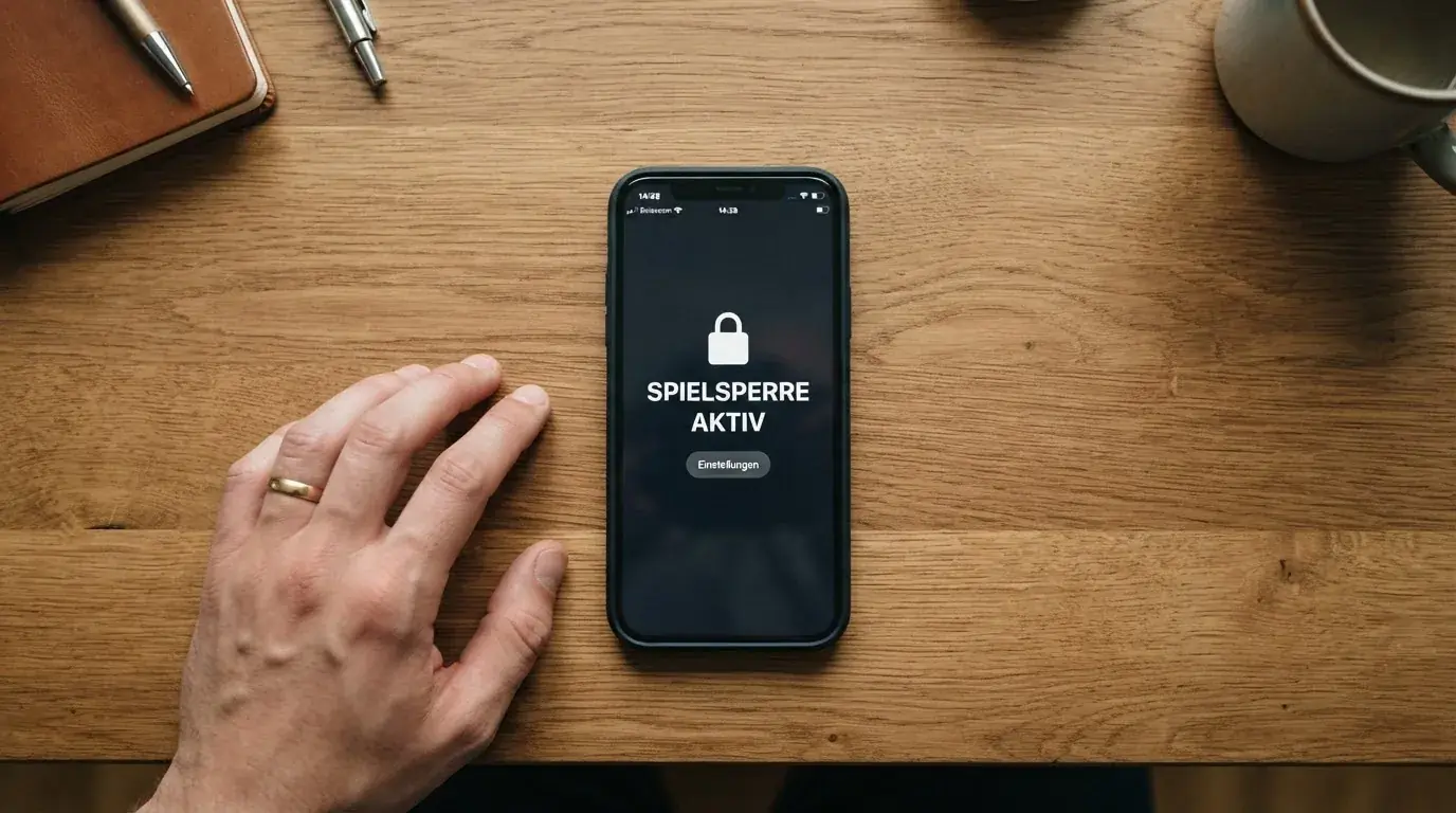 Smartphone mit Schloss-Symbol und der Aufschrift «Spielsperre aktiv»