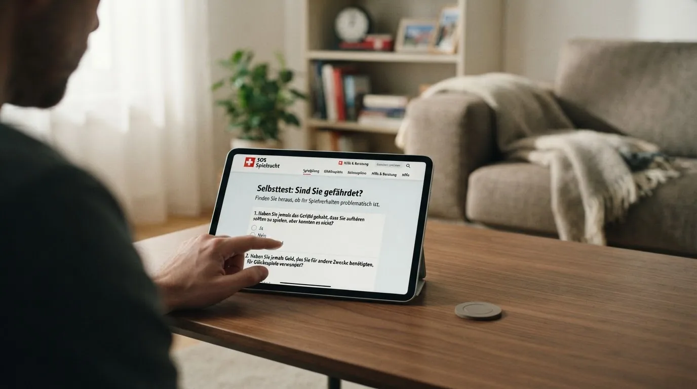 Bildschirm mit der Spielsucht-Helpline 0800 040 080, einem Selbsttest-Fragebogen und dem SELPA-Logo
