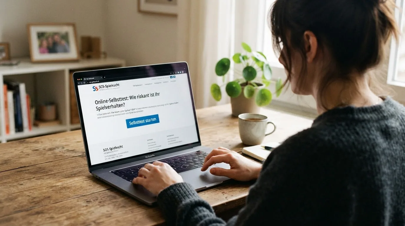 Eine Bildschirmdarstellung der SOS-Spielsucht-Website mit sichtbarem Selbsttest-Button und der Helpline-Nummer 0800 040 080