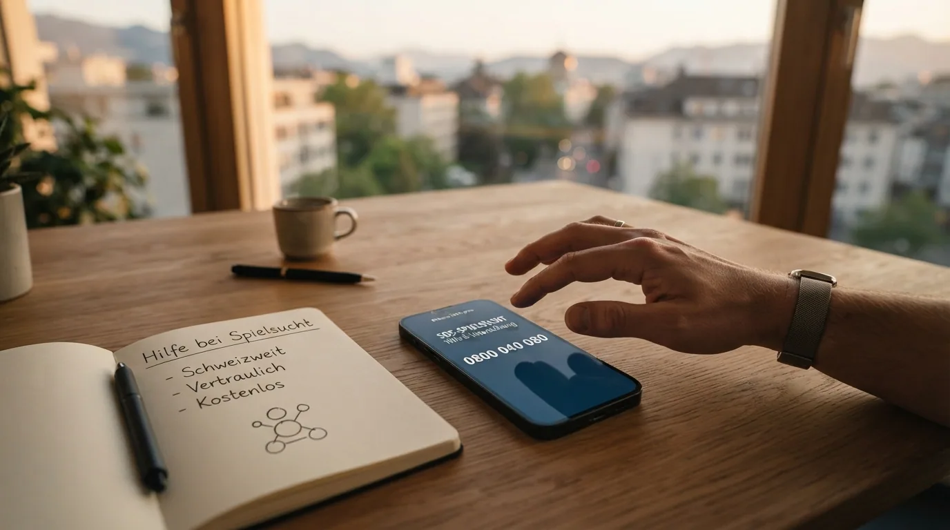 Eine stilisierte Notruf-Tastatur mit der Nummer 0800 040 080 und das SOS-Spielsucht-Logo auf beruhigendem blauem Hintergrund