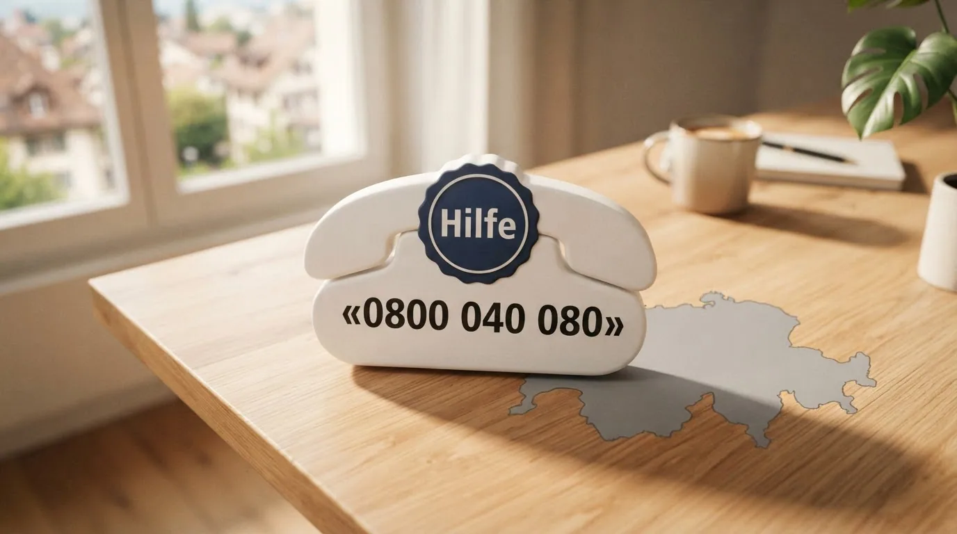 Ein stilisiertes Telefon-Symbol mit der Nummer 0800 040 080, daneben das Logo von Sucht Schweiz und eine Schweiz-Silhouette