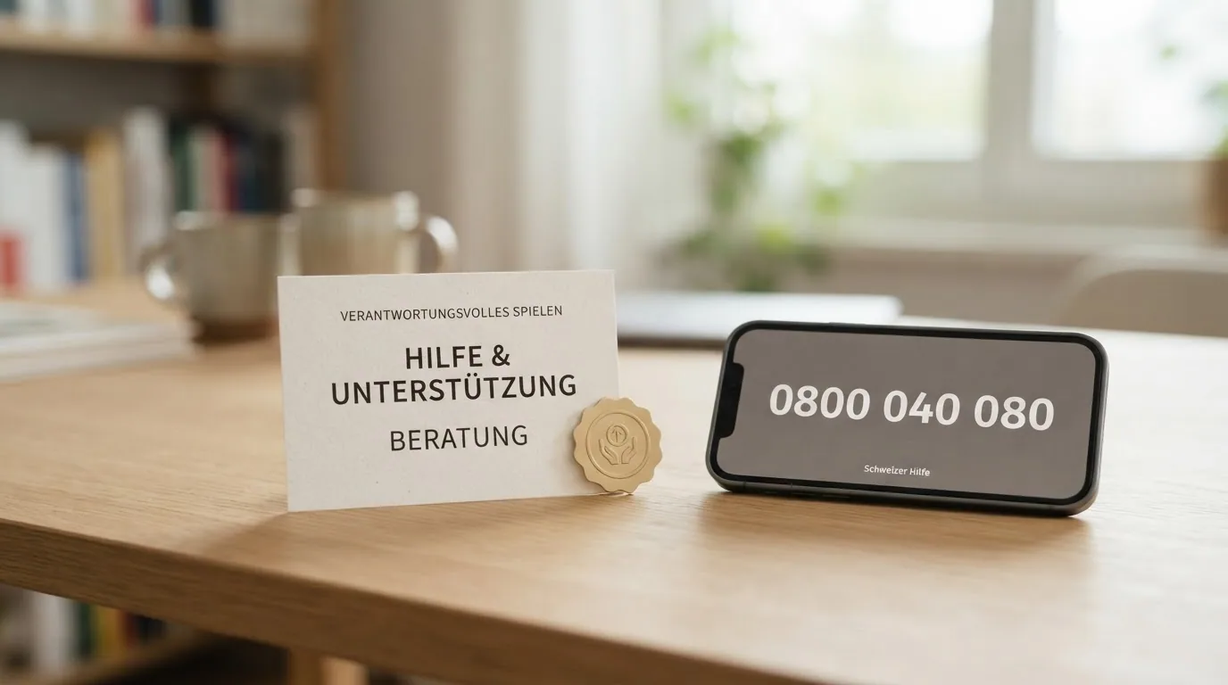 Eine ruhige, sachliche Darstellung: das Logo von «Spielen ohne Sucht» neben einer Helpline-Nummer (0800 040 080) auf einem hellen Hintergrund