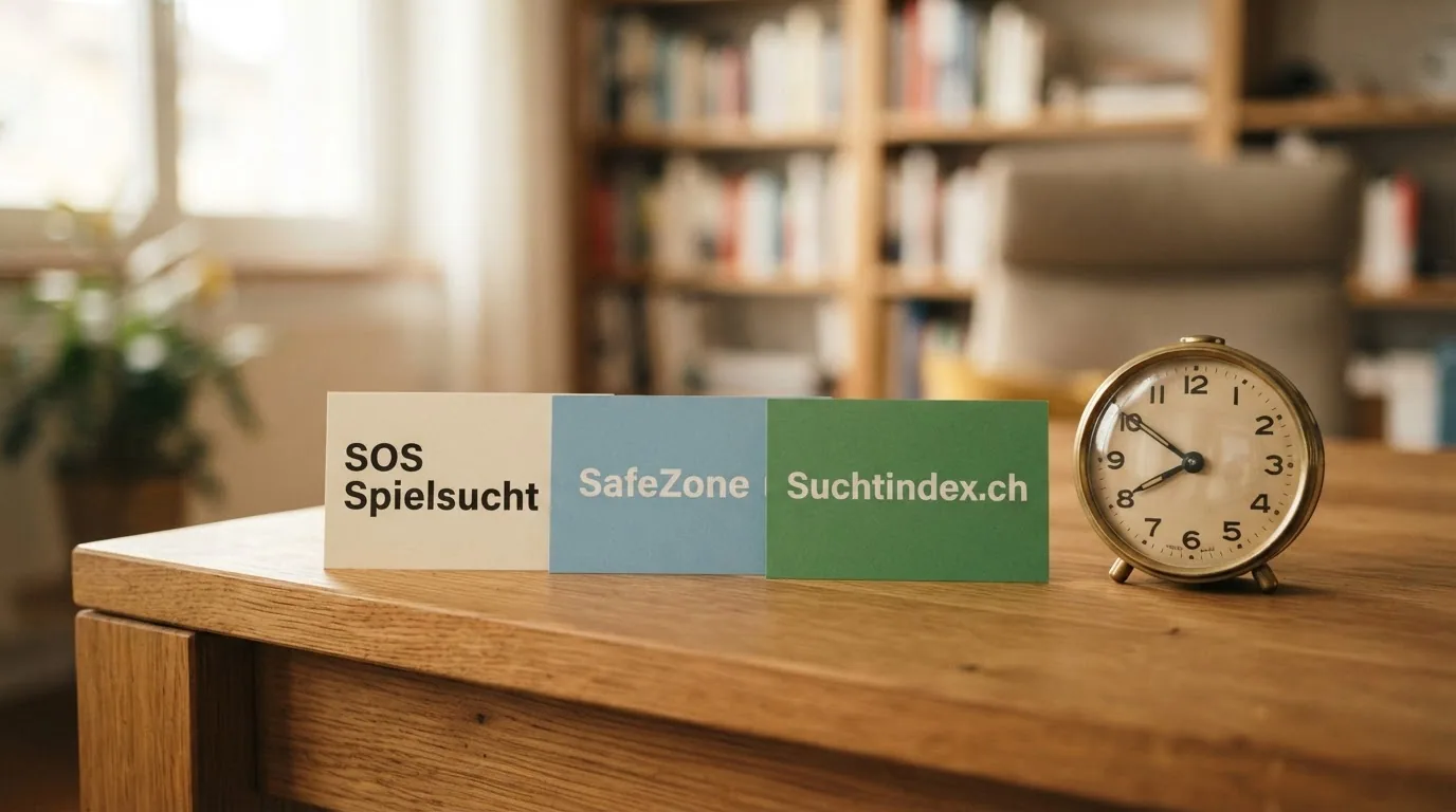 Drei Kacheln mit den Logos/Schriftzügen «SOS Spielsucht», «SafeZone» und «Suchtindex.ch» — daneben eine Uhr als Symbol für das Zeitlimit