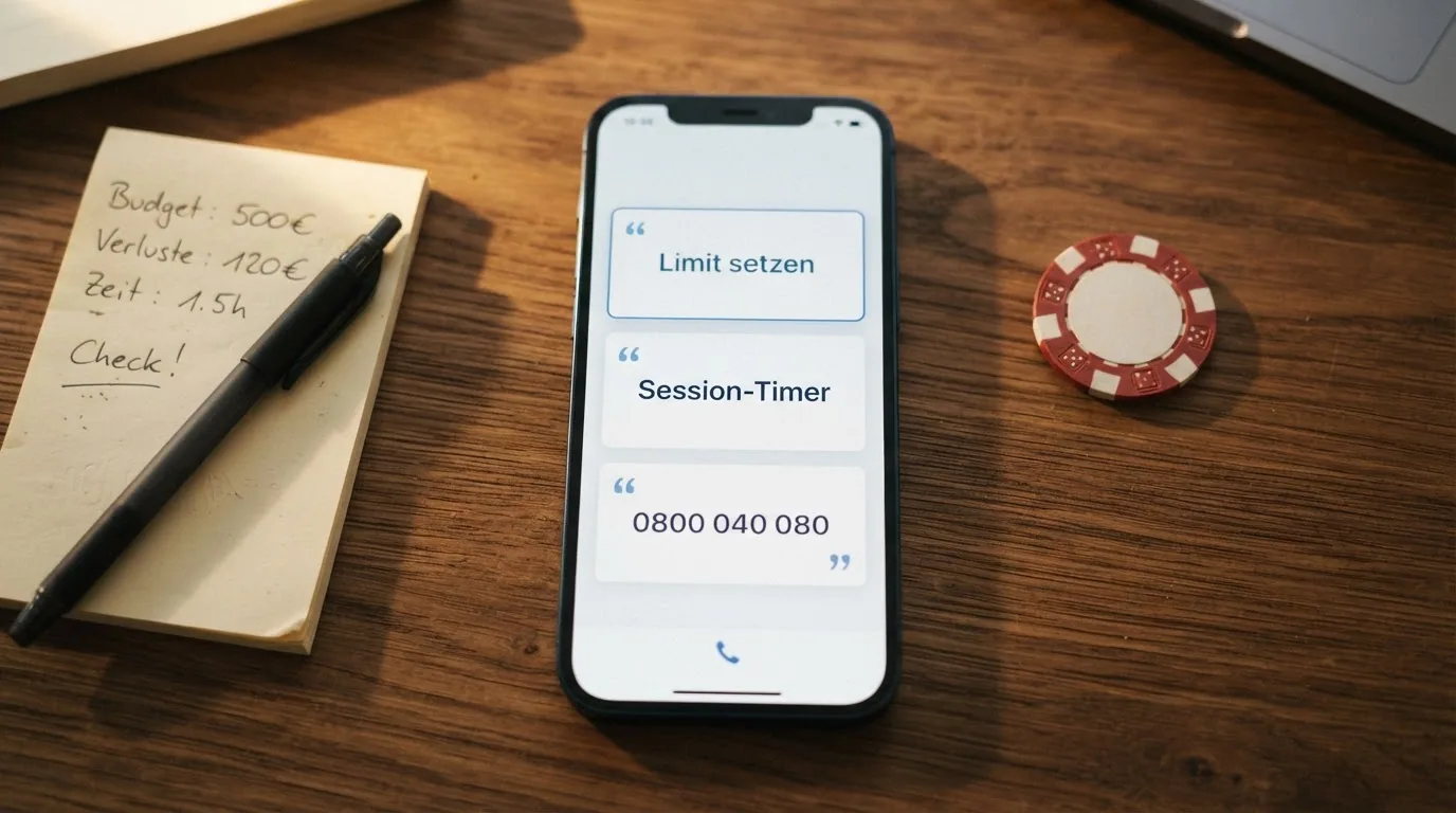 Eine illustrative Darstellung von Schutzinstrumenten: Einzahlungslimit-Regler, Session-Timer und die Notrufnummer 0800 040 080 im Fokus
