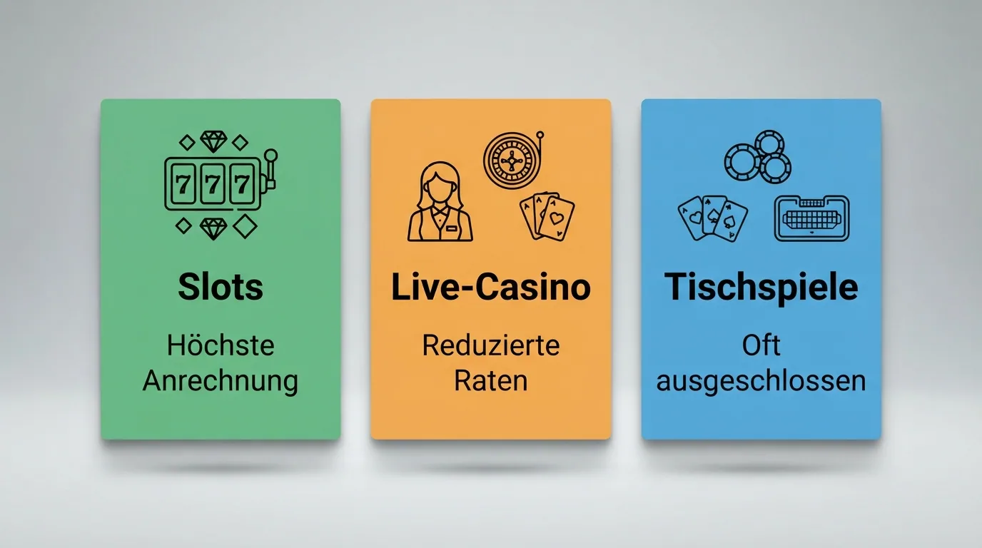 Drei Spielkategorien als Infografik nebeneinander: Slots («Bis 100 % Anrechnung»), Live-Casino («Reduzierte Raten»), Tischspiele («Oft ausgeschlossen»)