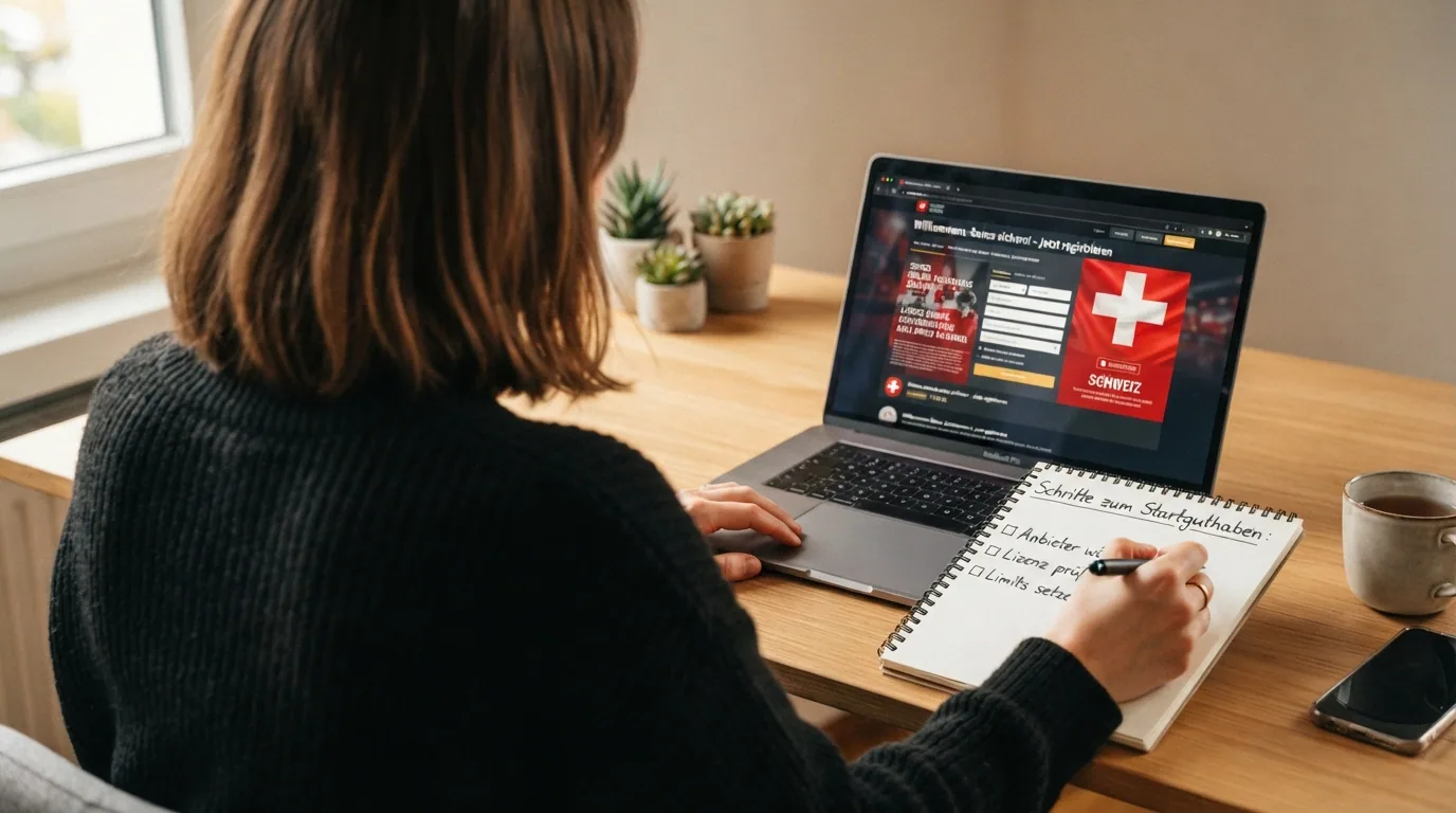 Eine Person sitzt vor einem Laptop mit geöffneter Casino-Registrierungsseite, daneben ein Notizblock mit drei aufgeschriebenen Schritten