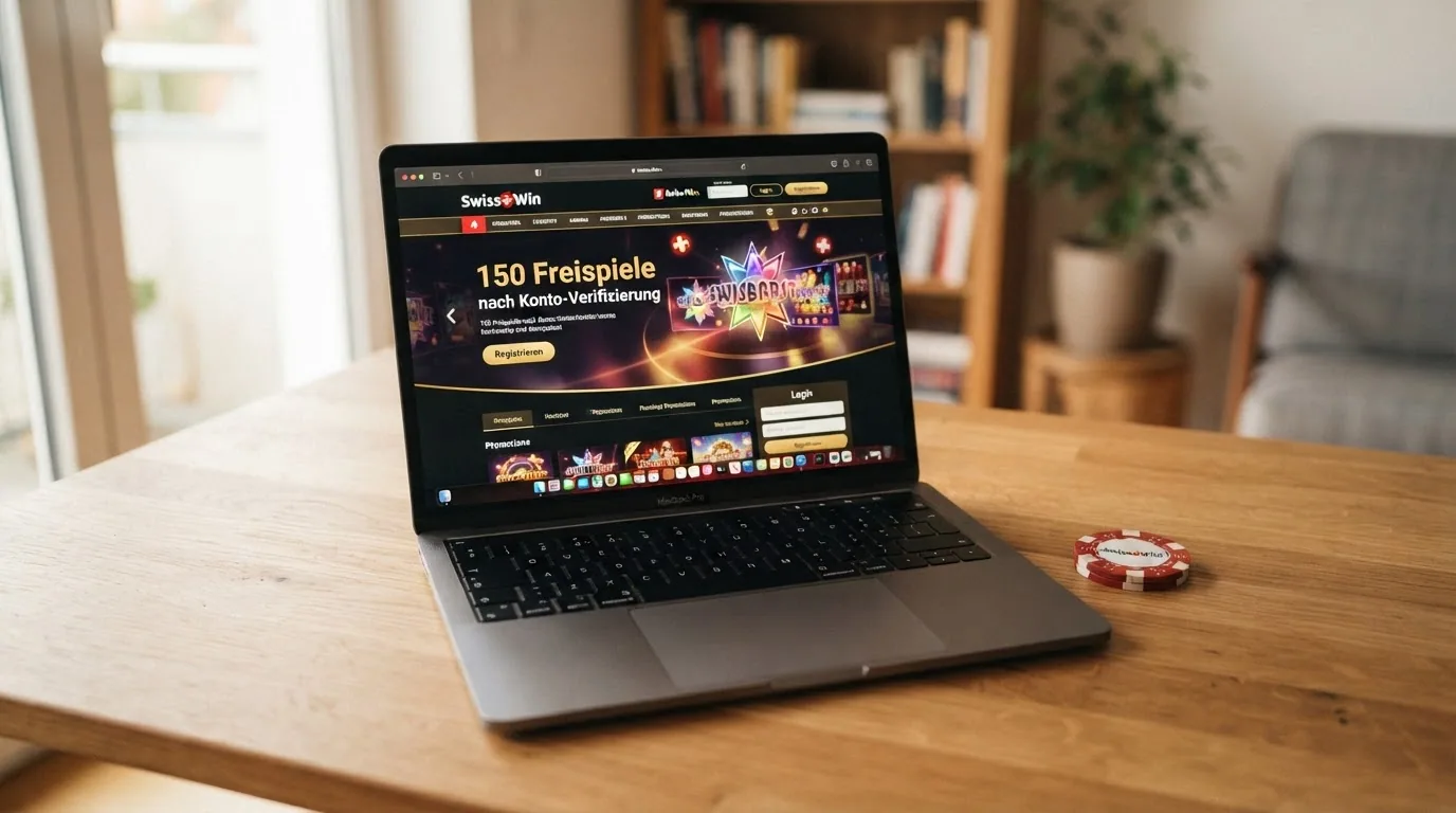Die Startseite von Swiss4Win mit sichtbarem Hinweis auf 150 Freispiele nach Konto-Verifizierung