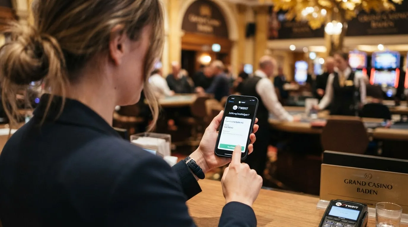 Ein Smartphone mit geöffneter TWINT-App, daneben ein Casino-Logo auf demselben Bildschirm
