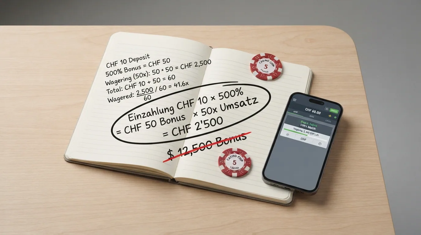 Ein aufgeschlagenes Notizbuch mit handschriftlicher Rechnung: «Einzahlung CHF 10 × 500% = CHF 50 Bonus × 50x Umsatz = CHF 2'500» – daneben ein durchgestrichener Betrag