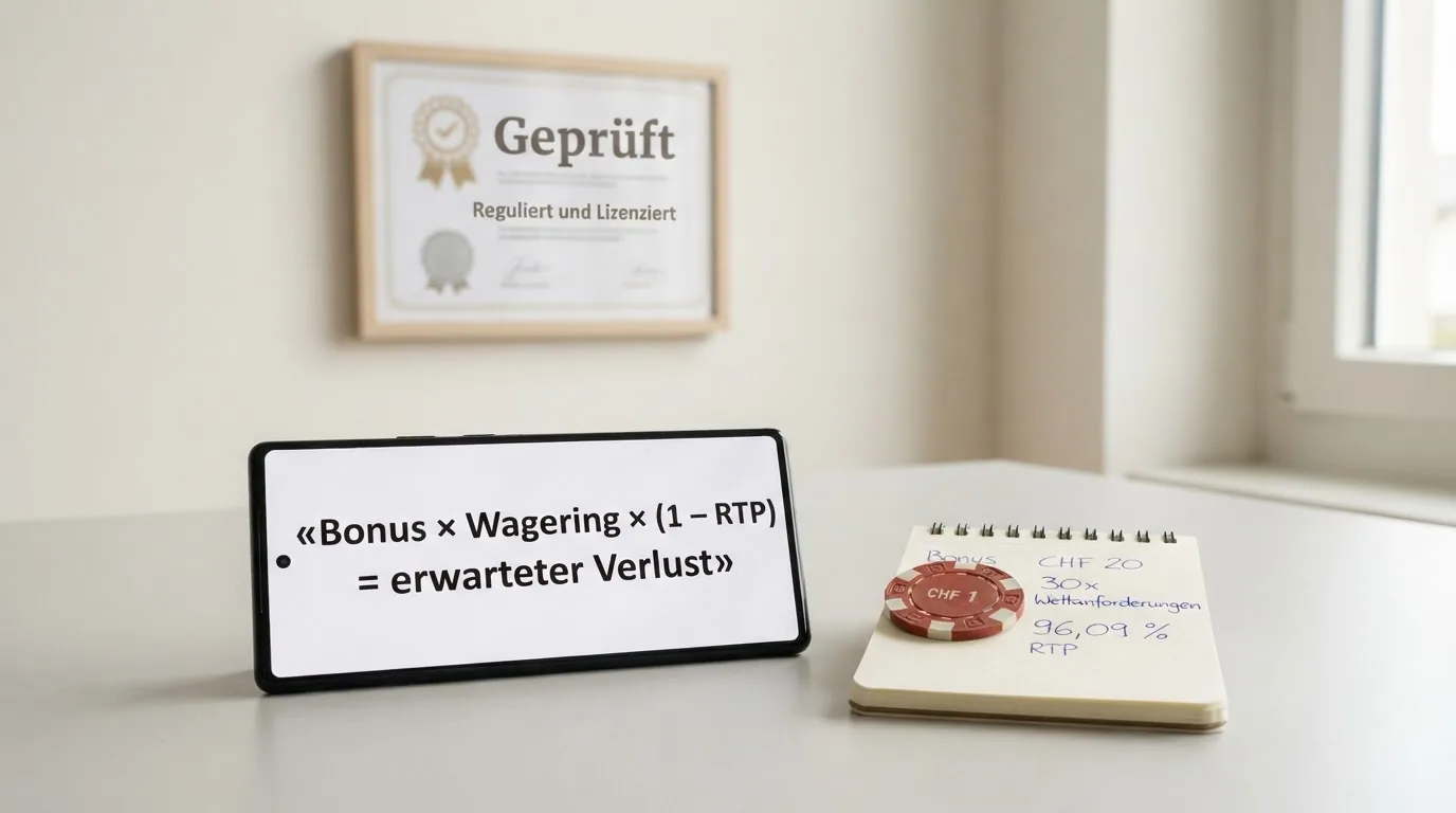 Ein Taschenrechner auf einem Casino-Hintergrund, daneben die Formel «Bonus × Wagering × (1 − RTP) = erwarteter Verlust» und ein geschrumpftes CHF-20-Guthaben