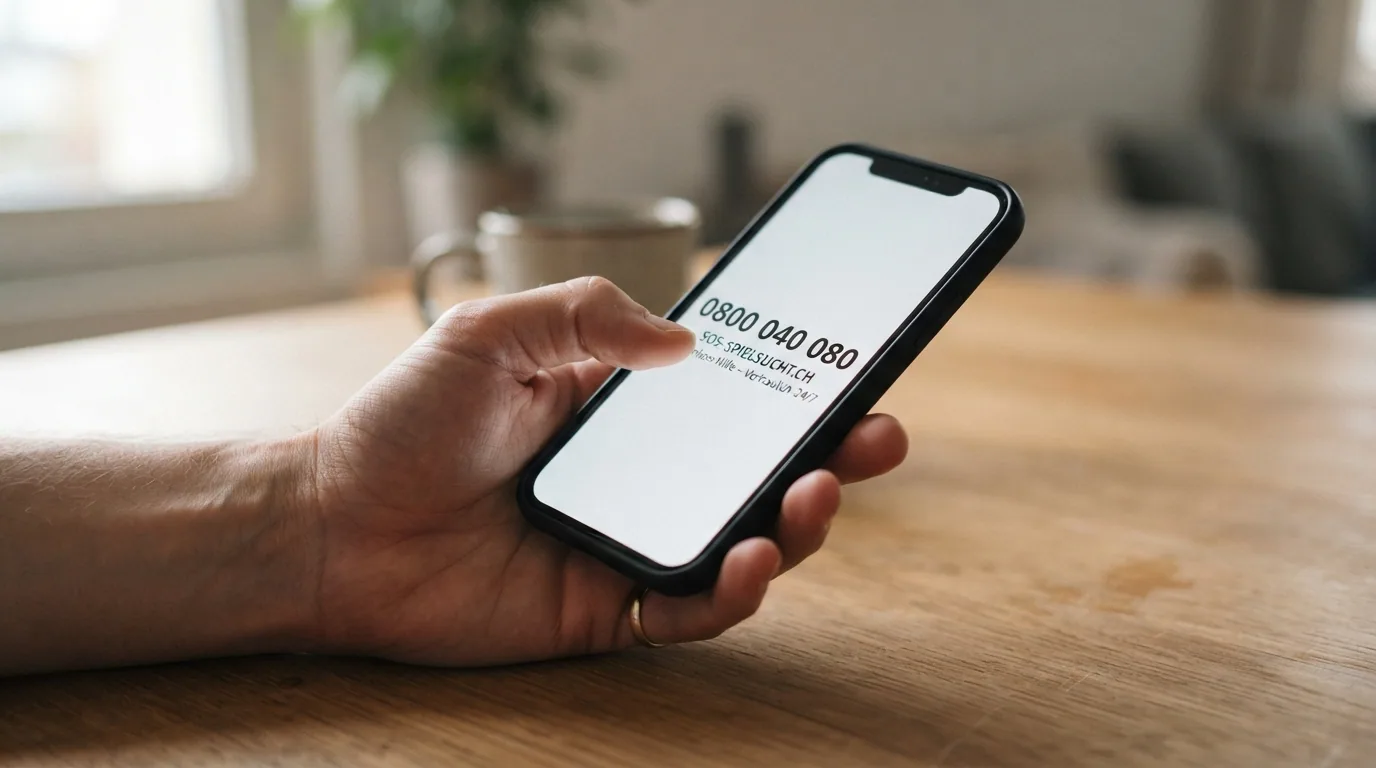 Eine helfende Hand vor einem Smartphone-Display das die SOS-Spielsucht-Helpline 0800 040 080 einblendet in warmen, beruhigenden Farbtönen