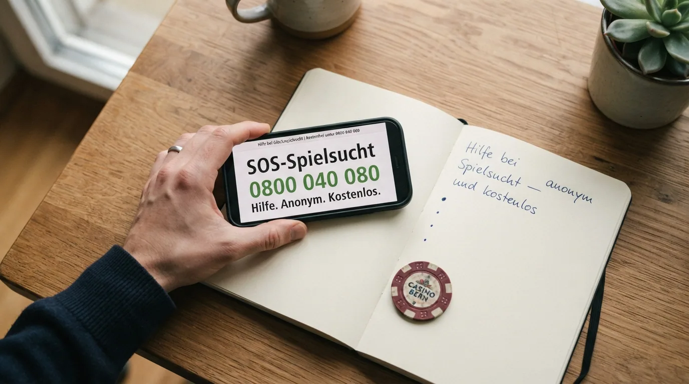 Telefon-Hörer und Notiz mit der SOS-Spielsucht-Helpline-Nummer 0800 040 080