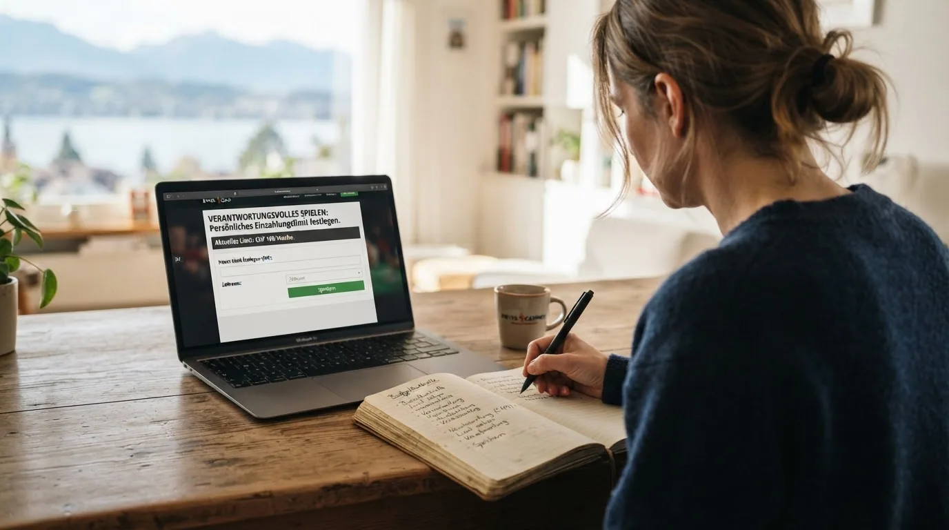 Eine Person vor einem Laptop, daneben ein Zettel mit handschriftlich notierten Limits und die Telefonnummer 0800 040 080.