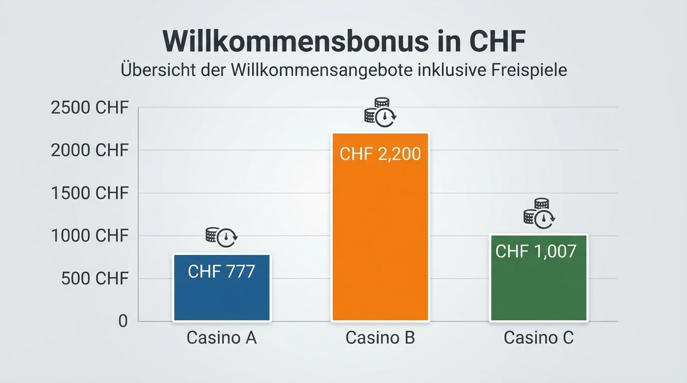 Übersicht eines gestaffelten Casino-Willkommenspakets mit Einzahlungsstufen, Bonus-Prozenten und Freispiel-Anzahl, alle Beträge in CHF