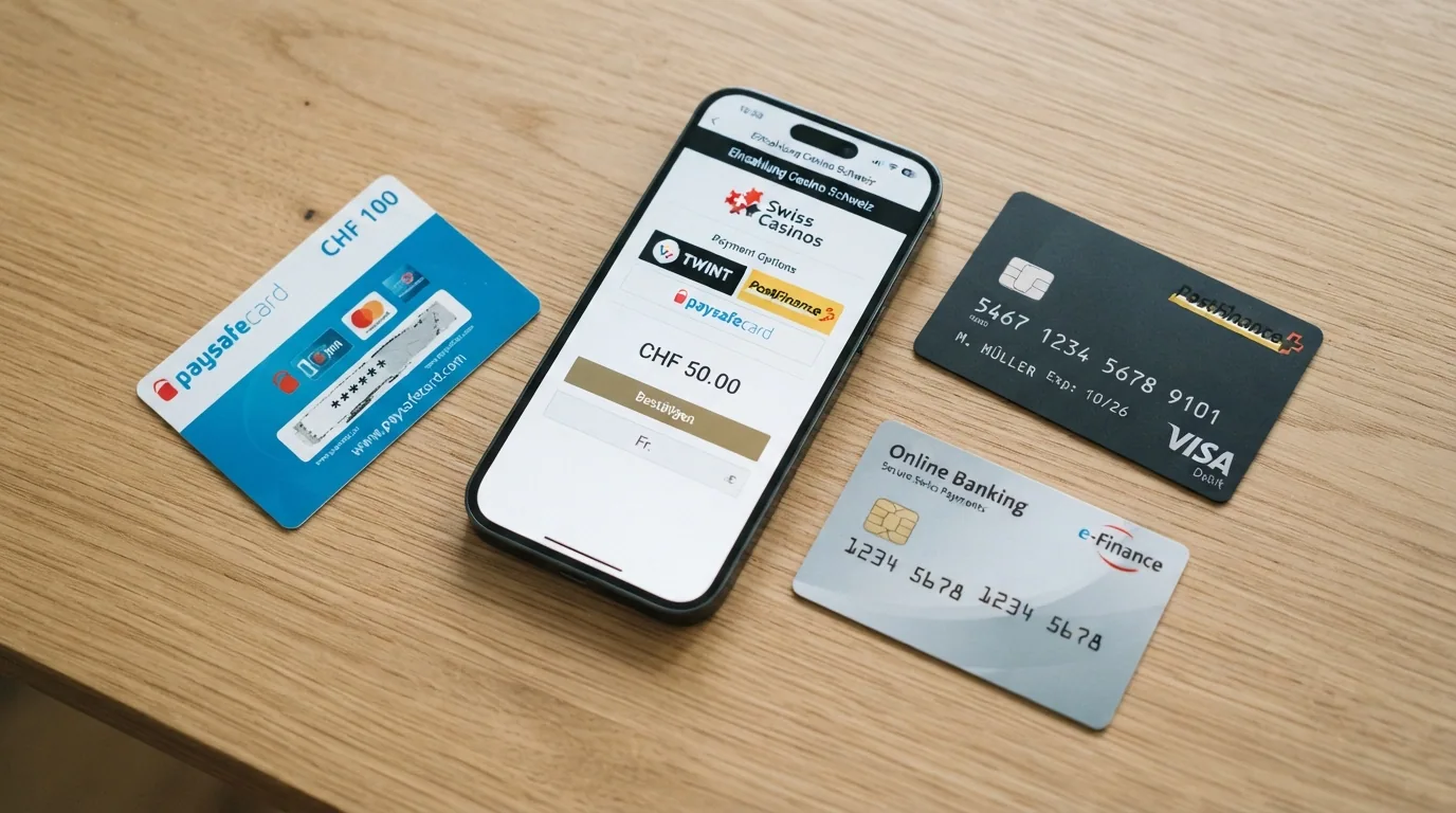 Nahaufnahme mehrerer Zahlungsmittel — Paysafecard-Karte, TWINT-App auf dem Handy, Kreditkarte und PostFinance-Logo nebeneinander