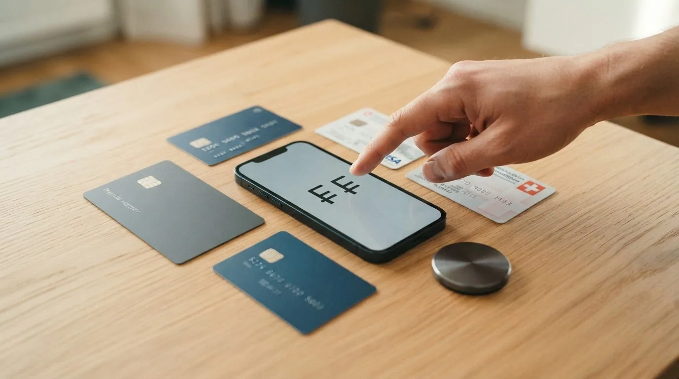 Eine Collage von Zahlungsmitteln: TWINT-Logo, Paysafecard, Kreditkarte, PostFinance-App auf einem Smartphone-Bildschirm, im CH-Design