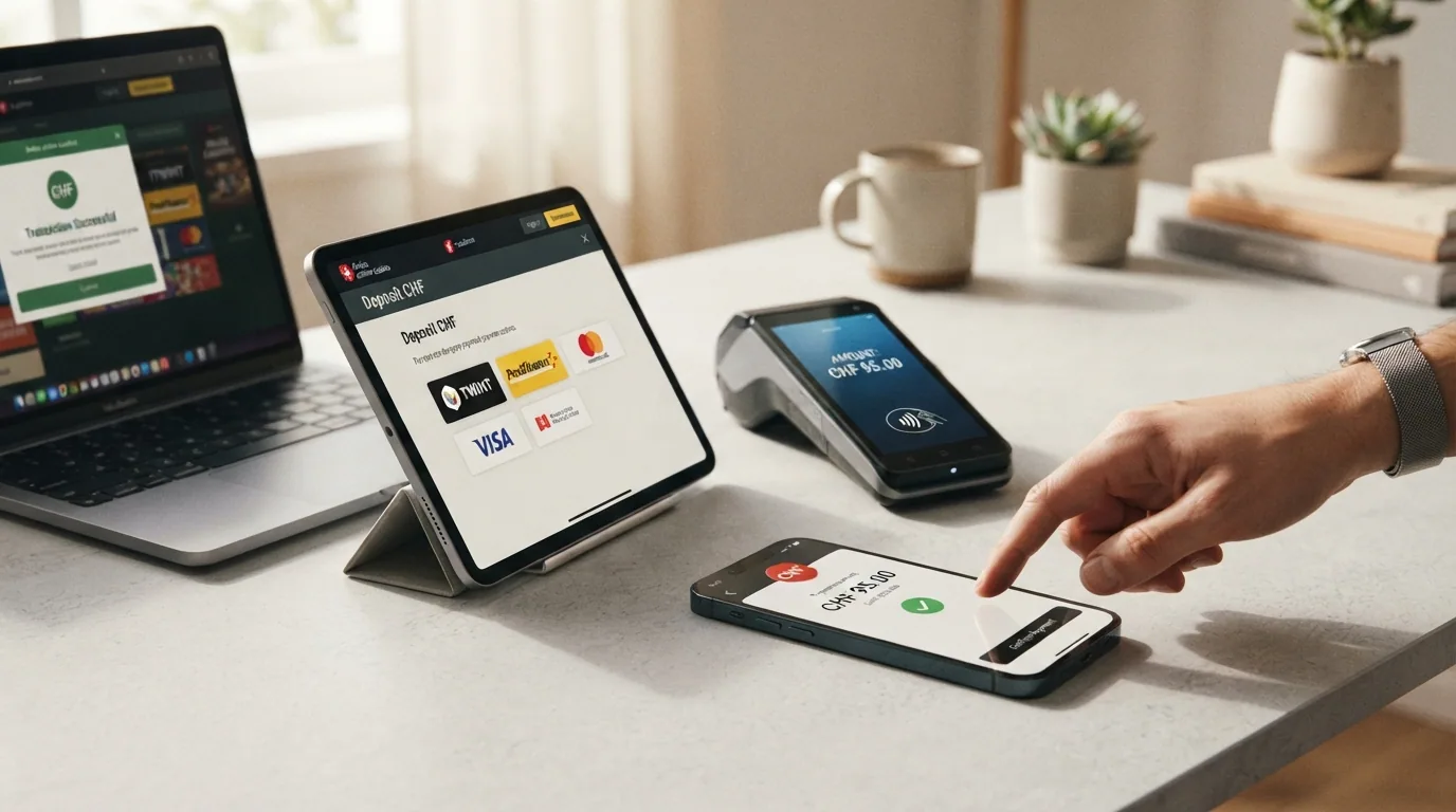 Die Logos von TWINT, PostFinance, Visa und Apple Pay nebeneinander, darunter ein Pfeil mit «100% Bonus aktiviert».