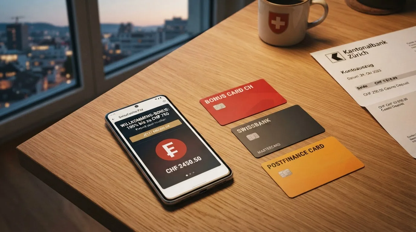 Ein Smartphone mit TWINT-App, daneben Paysafecard, Kreditkarte und PostFinance-Logo — im Hintergrund ein Schweizer Bankkonto-Auszug.