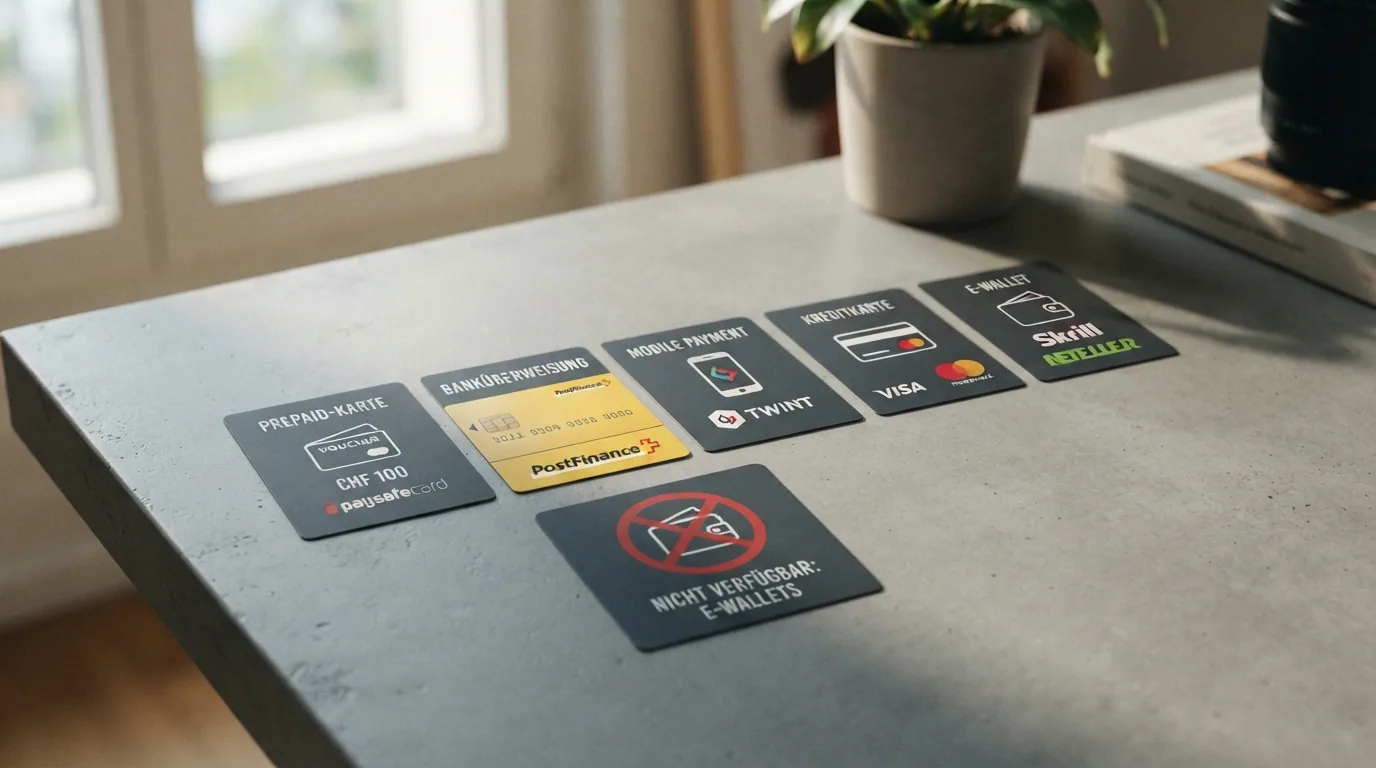Die Logos von TWINT, PostFinance, Visa, Mastercard und Paysafecard nebeneinander, darunter ein durchgestrichenes PayPal-Logo