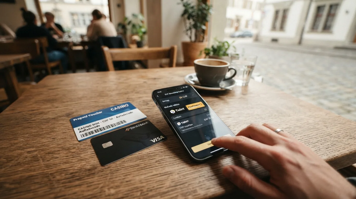 Smartphone mit geöffneter TWINT-App neben Kreditkarten und Paysafecard-PIN auf einem Tisch